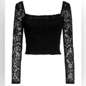 NWT Guess Nila Jet Black Stretch Lace Long Sleeve Smocked Top Small